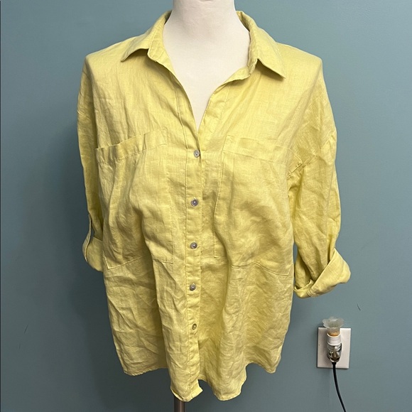 Magaschoni Light Yellow Linen Shirt 3/4 adjustable sz XS/TP 100% Linen - Picture 1 of 15